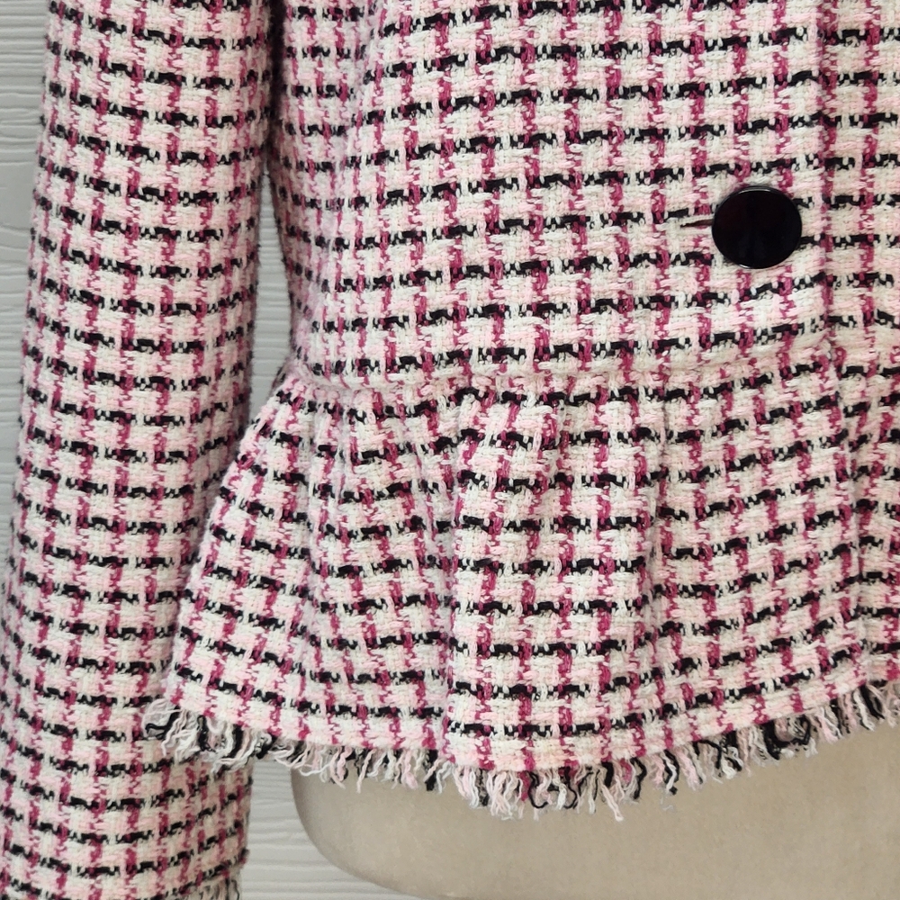 Kate Spade New York Pink Cropped Tweed Peplum Jacket Size 8 Fringe Bold Buttons - Picture 7 of 15
